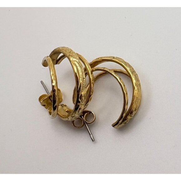 Vintage Triple Hoop Gold Tone Earrings Textured Design Elegant Fashion Jewelry - Picture 6 of 7